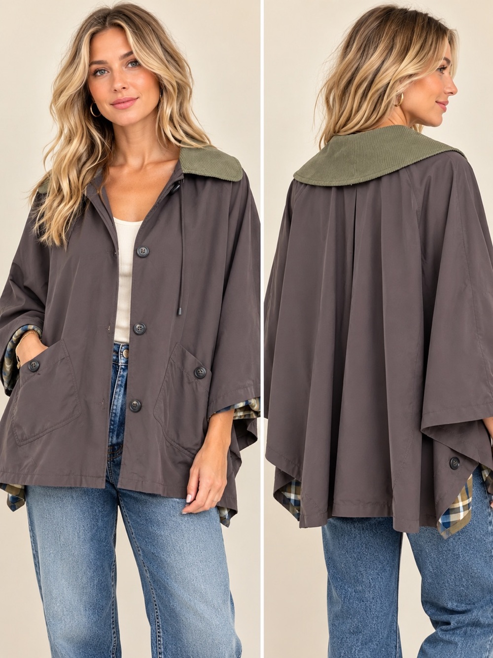 Free People Olive Collar Brown Oversized Cape Jacket